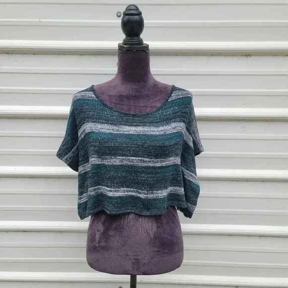 Bongo Women's Green Striped Crop Top Lace Back Knit Sweater BOHO Sz M - Picture 1 of 9